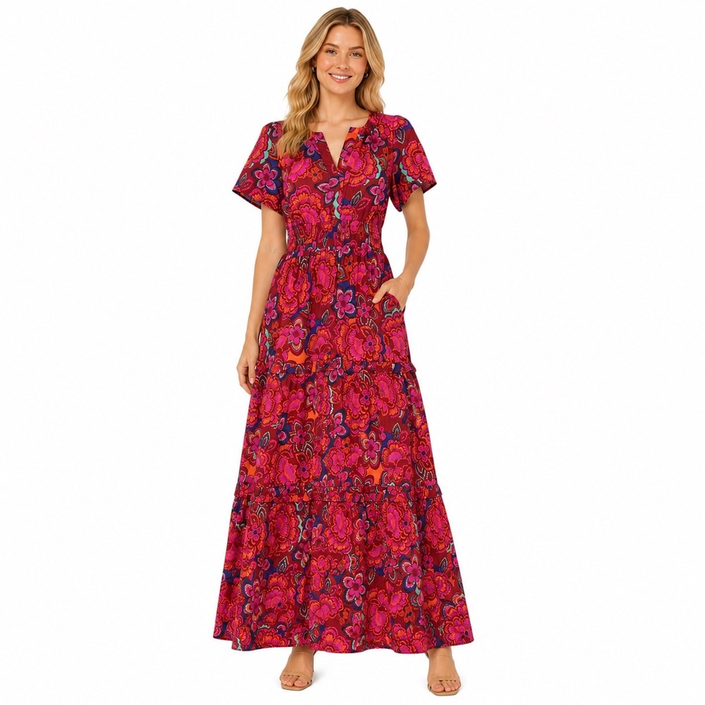 Baltic Born Palmer Tiered Floral Maxi Dress Size M Cotton Smocked Boho Pockets